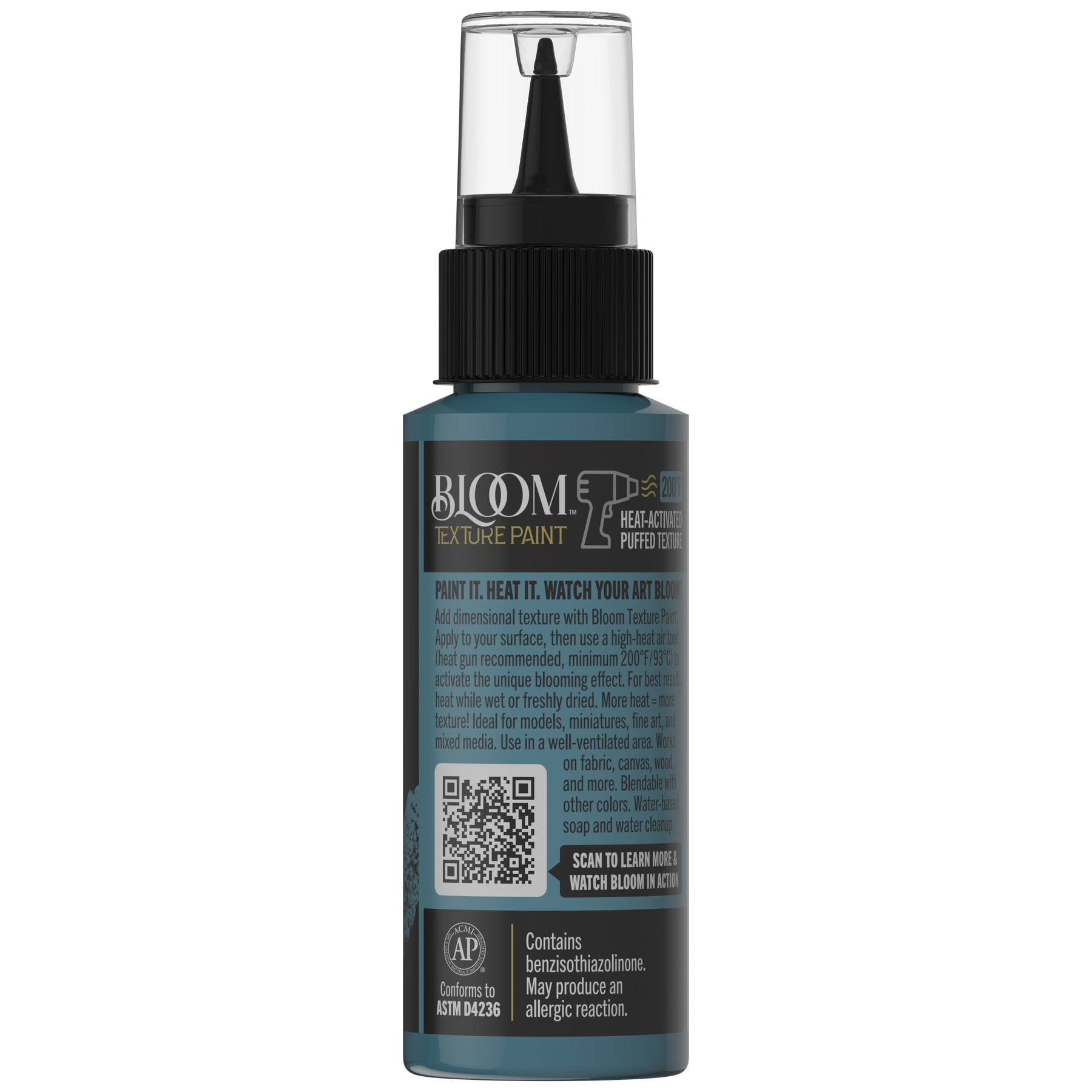 Back of DecoArt Bloom Texture Paint bottle in Patina Teal showing product details and label text