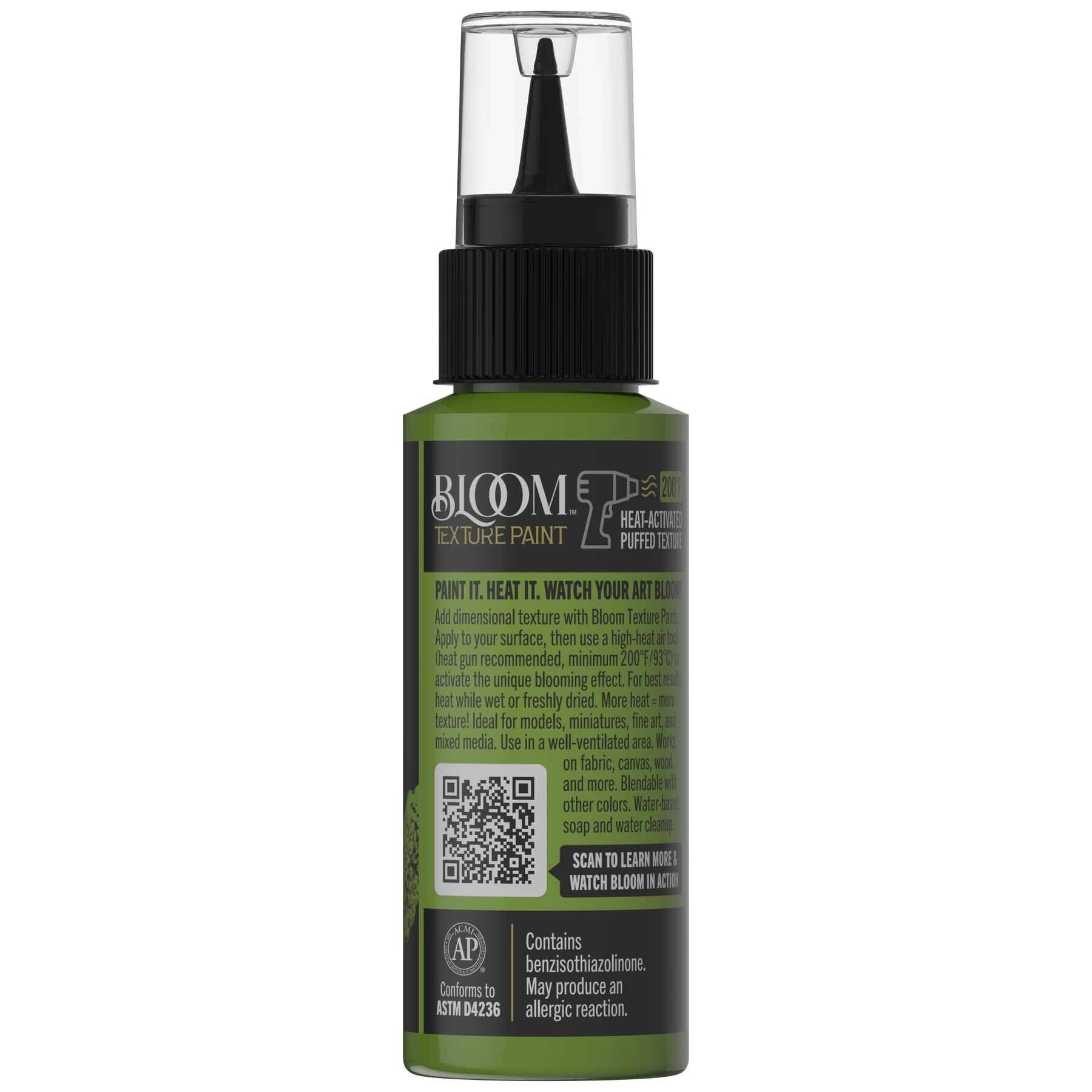 DecoArt Bloom Texture Paint in Verdant Pulse, back of product packaging with label details