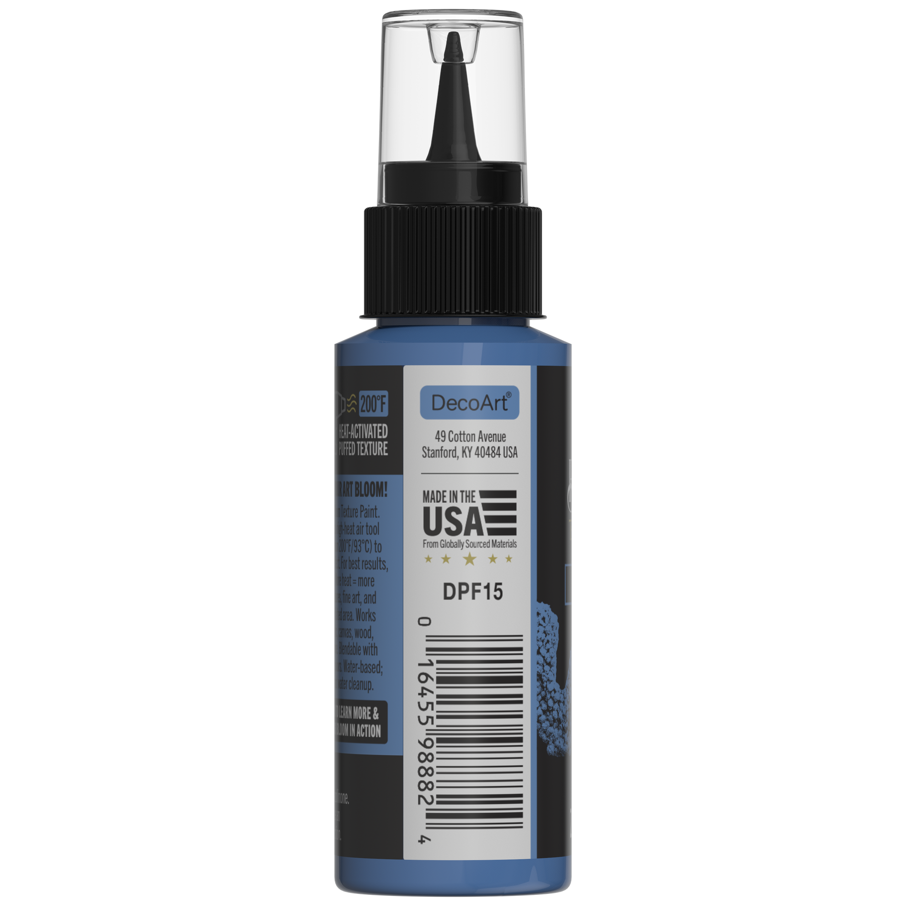 DecoArt Bloom Texture Paint in Ultramarine Lift, blue textured acrylic paint bottle and label