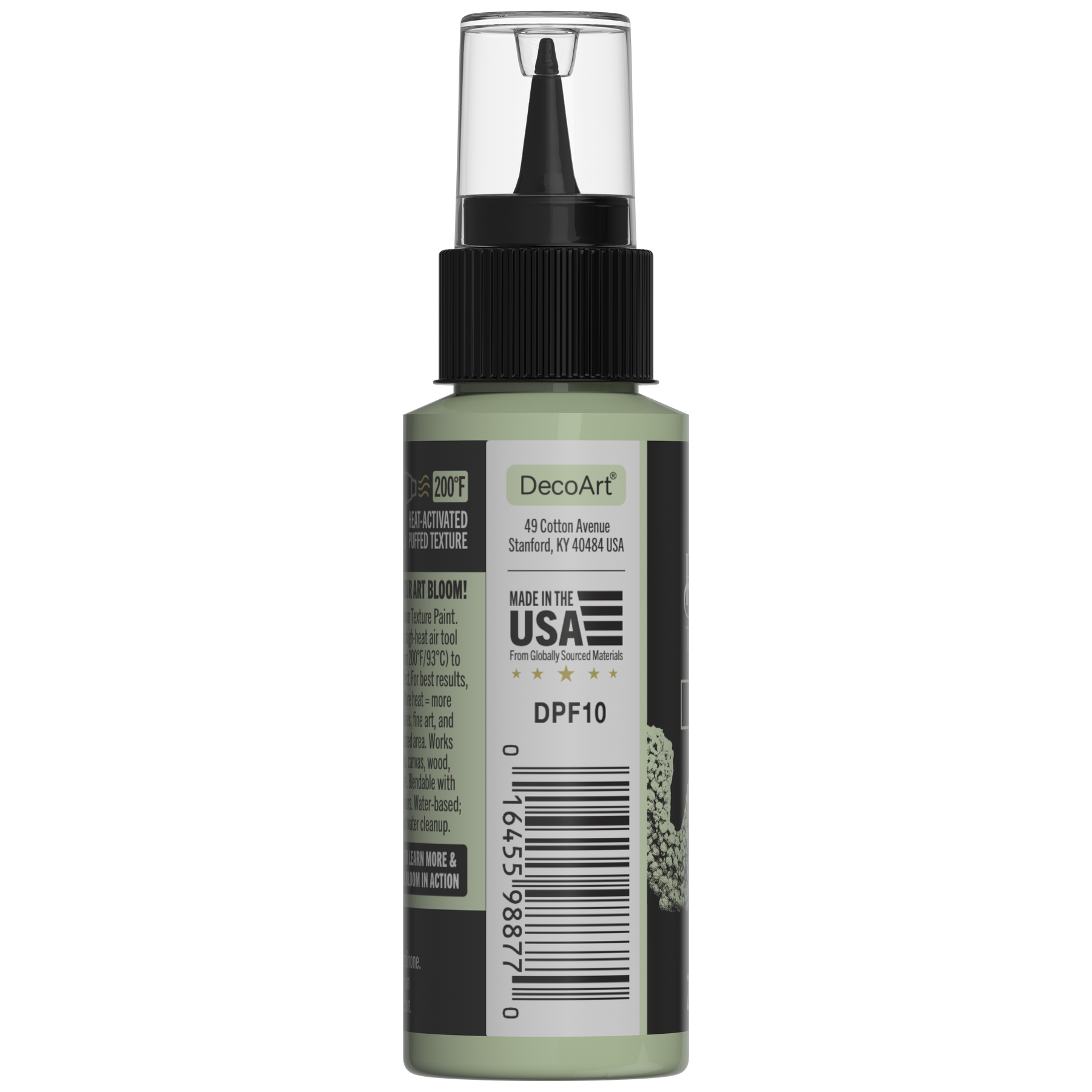 DecoArt Bloom Texture Paint in mint green, shown in a paint container with textured finish detail