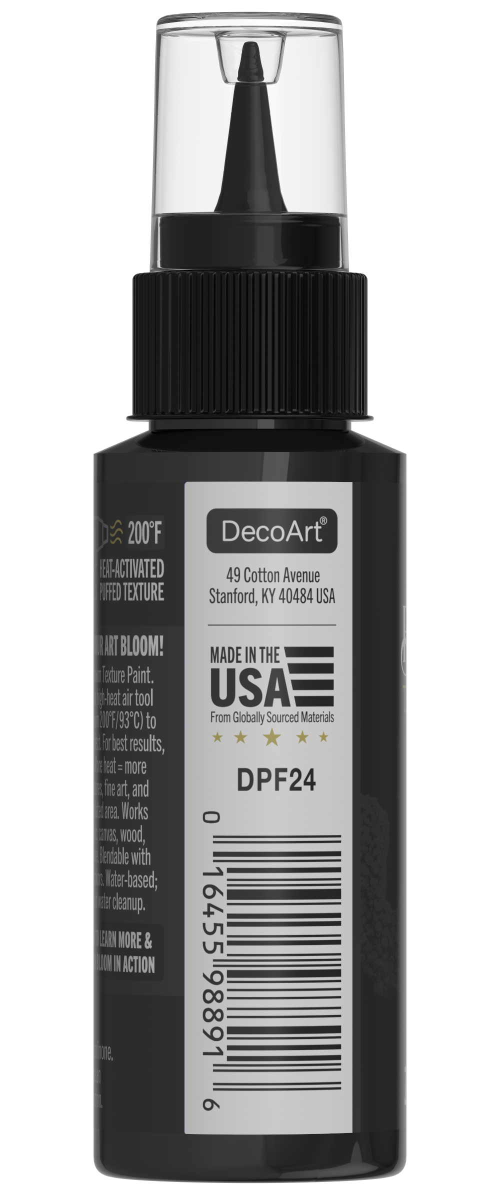 DecoArt Bloom Texture Paint in Carbon Void Black showing a textured black paint surface with artistic depth and finish.