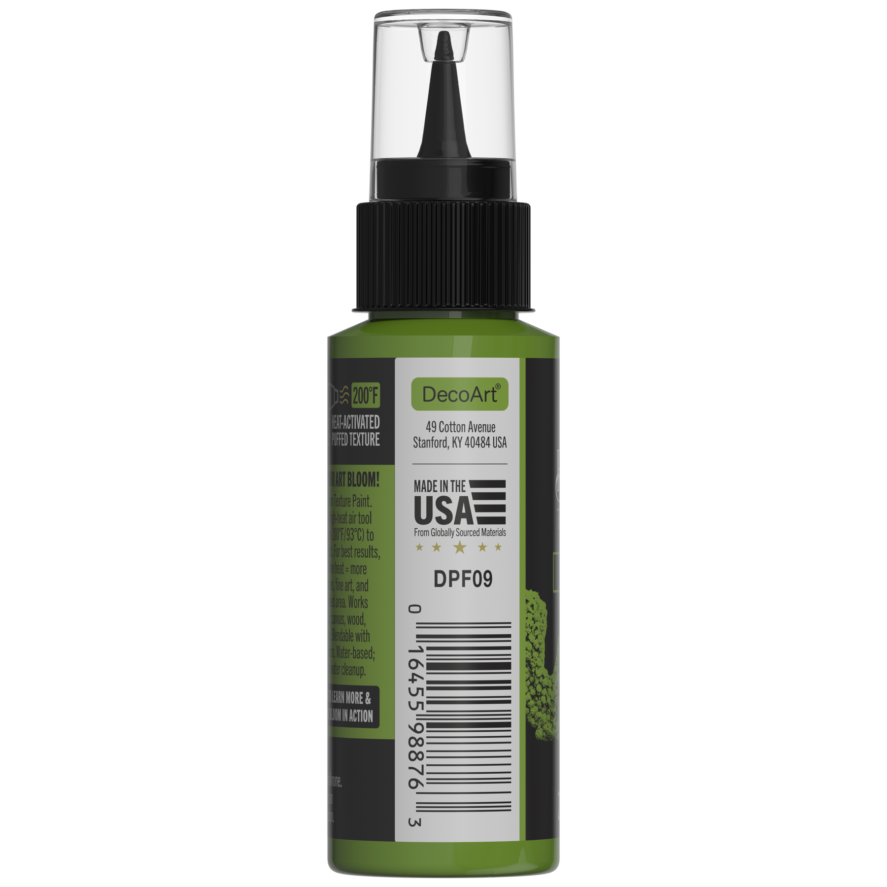 DecoArt Bloom Texture Paint in Verdant Pulse, green textured paint container back label