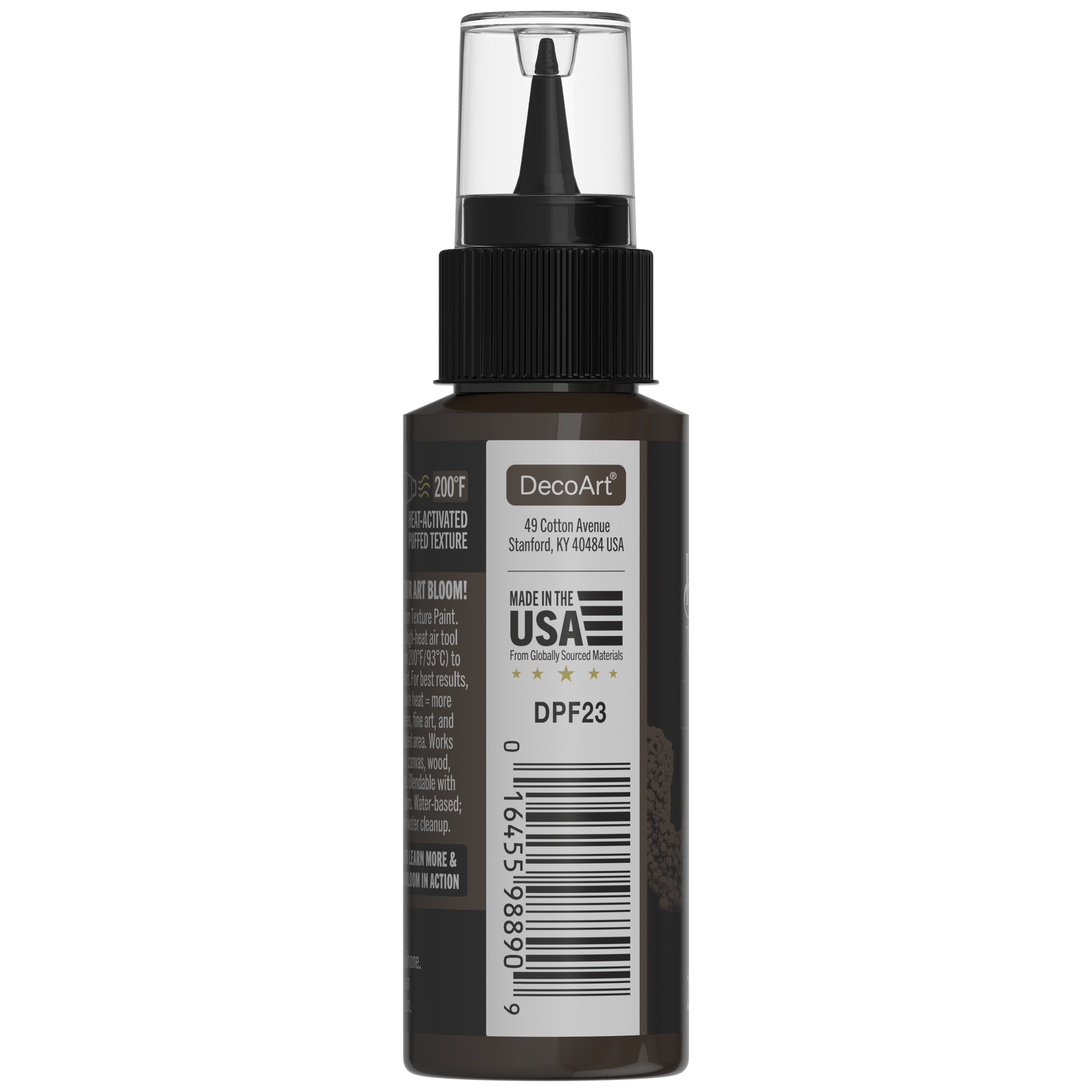 DecoArt Bloom Texture Paint in Battlefield Soil, textured brown craft paint bottle and packaging