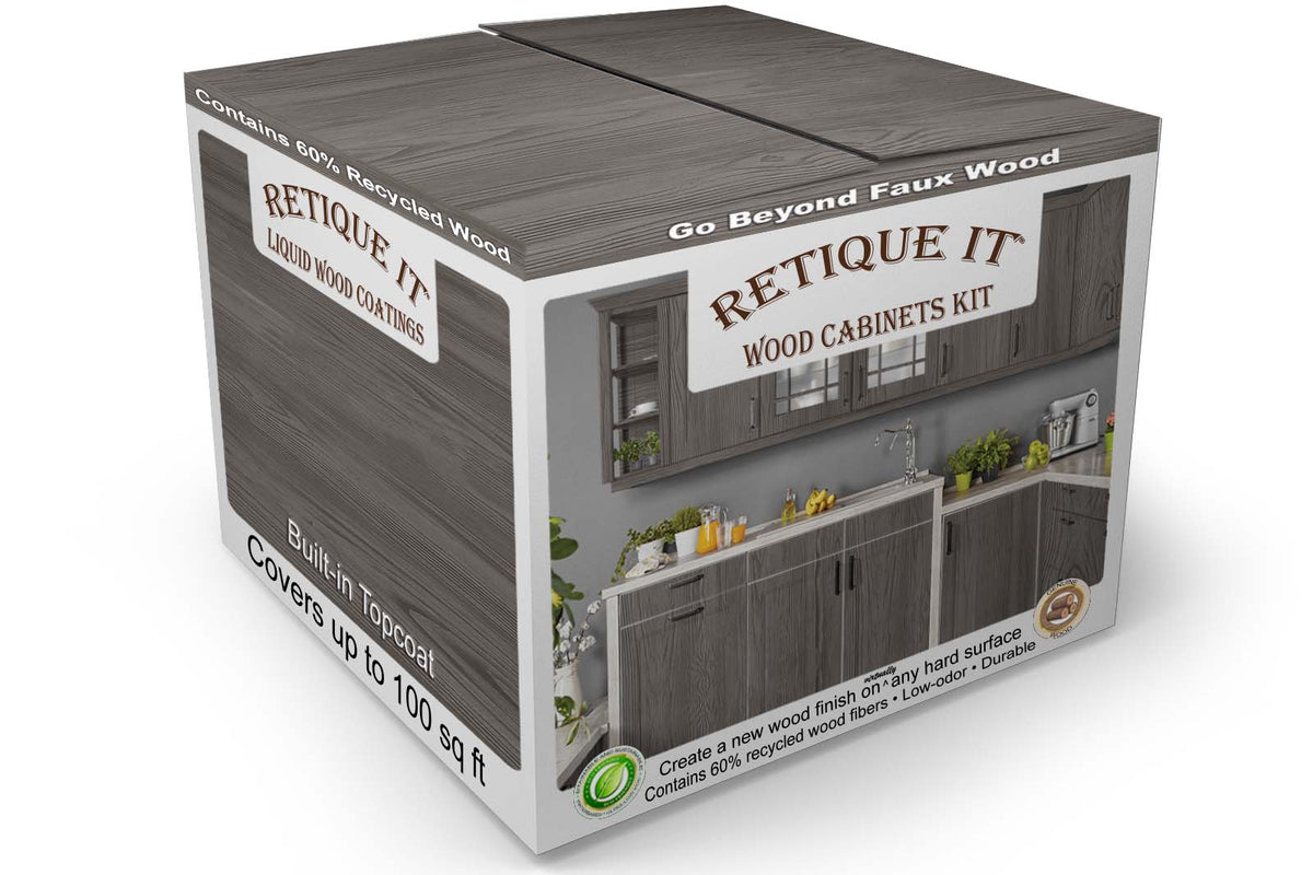 Retique It Wood'n Cabinet Kit with 12 grained Harbor Gray stain doors, showcasing wood grain texture and cabinet components.
