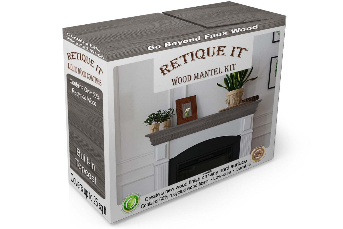 Retique It Fireplace Mantel Wood'n Finish Kit in Harbor Gray stain, showing the boxed kit with wood grain finish.