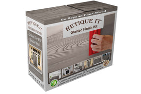 Retique It Wood'n Finish Kit in Harbor Gray for interior wood projects, showing the box with grained wood finish sample.