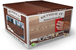 Retique ItÂ® Wood'n Finish Kit in Red Mahogany with four large interior top coat bottles and grained wood pattern on the box.