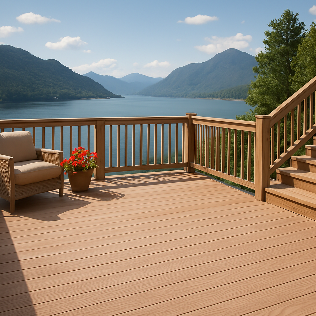 Sunny wooden deck with scenic lake and mountain views, fully refinished with Retique It Pickled Oak grained kit. Warm-toned faux wood finish creates a durable, natural look that elevates outdoor living with charm and function.
