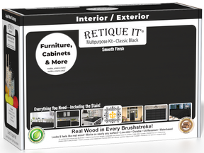 Retique It® Multi-purpose Smooth Finish Kit in classic black for exterior wood tops, featuring matte top coat in a wood finishing box.
