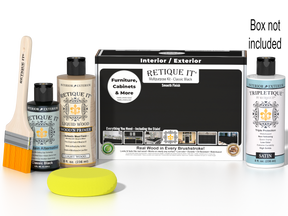 Retique It® Multi-purpose Smooth Finish Kit in classic black for interior wood projects, includes satin top coat and application tools.