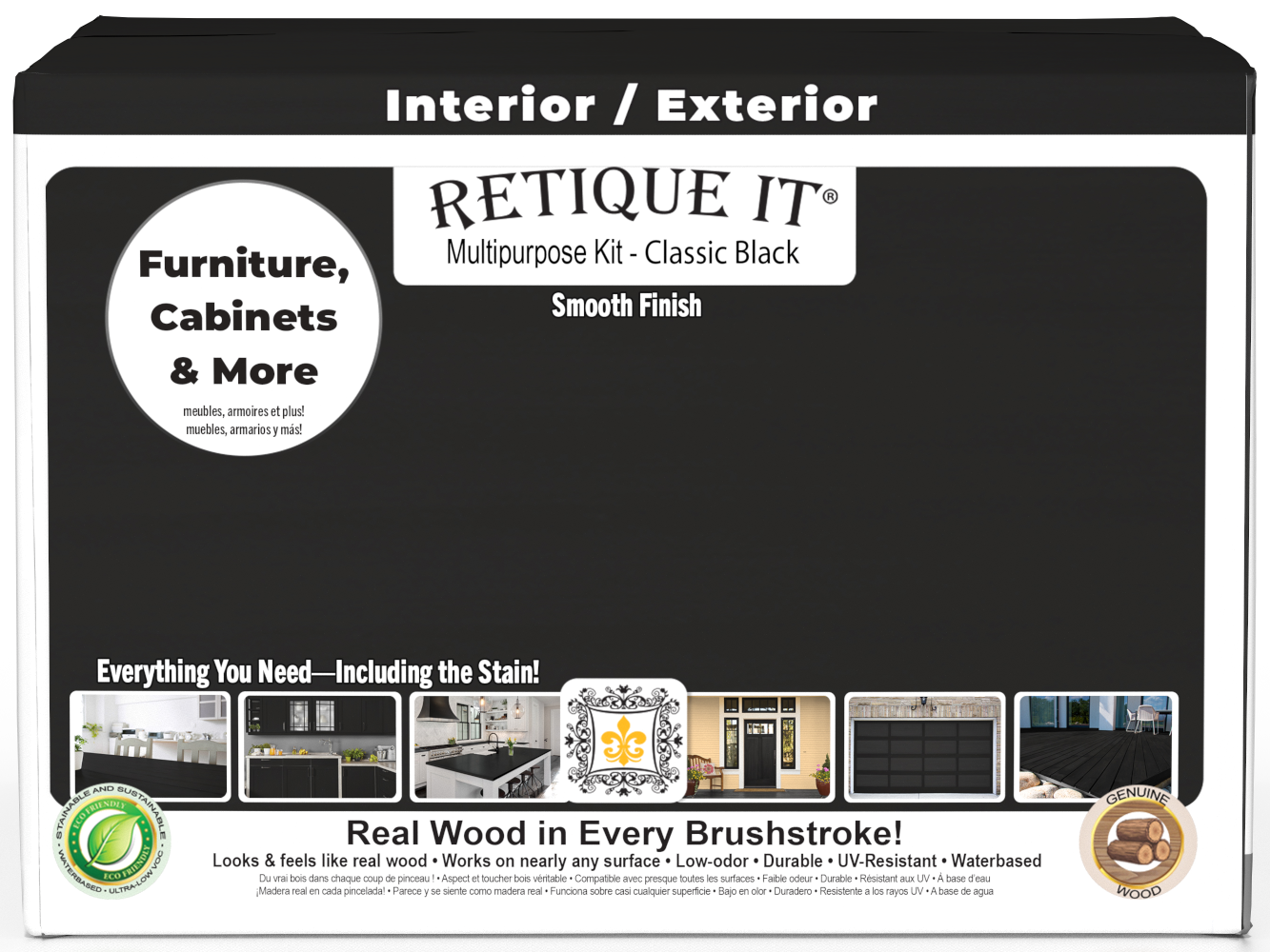 Retique It Multi-purpose Smooth Finish Kit in classic black with exterior top coat, includes four large wood finishing products in matte finish.