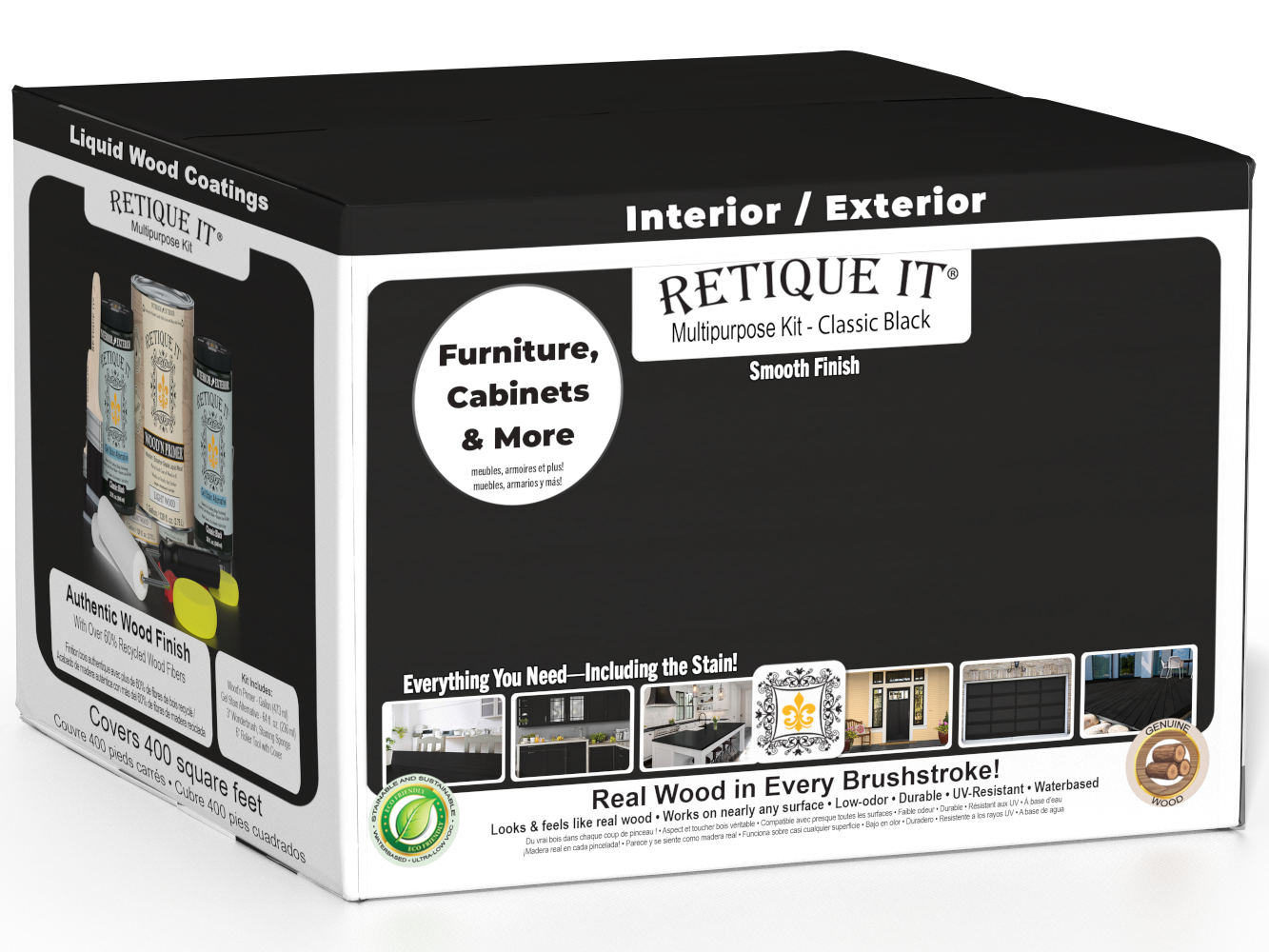 Retique It® multi-purpose black wood finish kit with four large top coat bottles, ideal for interior matte wood projects.