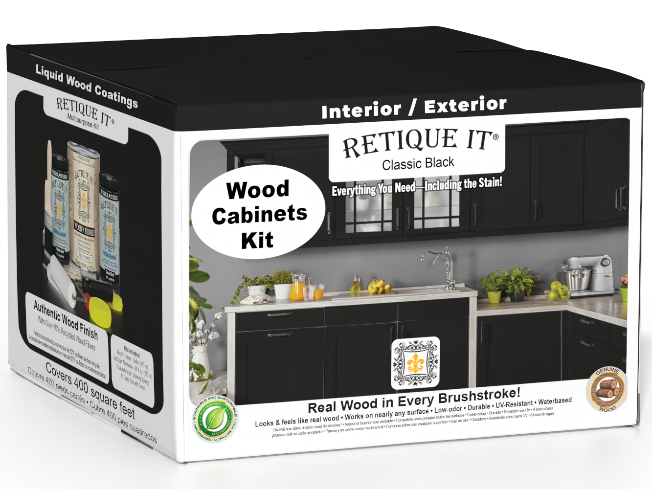 Retique It® Wood'n Cabinet Kit with 48 smooth black stained cabinet doors, ideal for classic kitchen or bathroom cabinetry.
