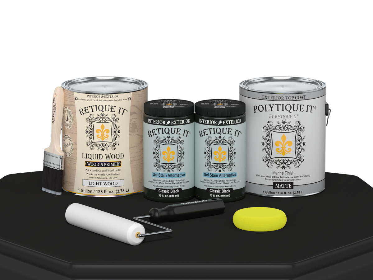 Retique It® Multi-purpose Smooth Finish Kit for wood, classic black exterior top coat, includes four large matte finish containers.