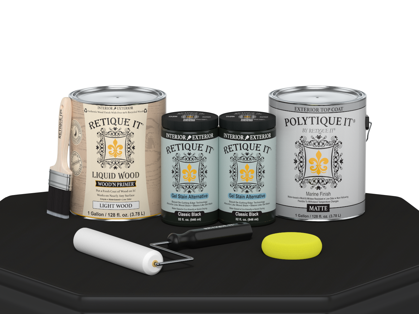 Retique It Multi-purpose Smooth Finish Kit for wood, classic black exterior top coat, includes four large matte finish containers.