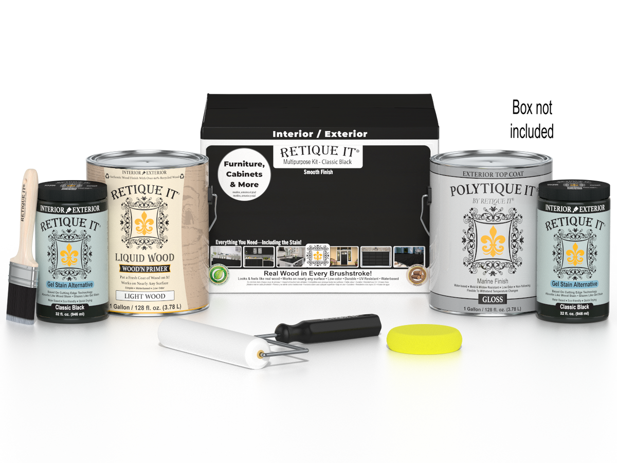 Retique It wood finish kit with four large bottles of classic black exterior top coat for smooth, durable wood surface coating.