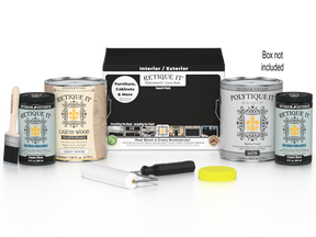 Retique It Multi-purpose Smooth Finish Kit in classic black with exterior top coat, includes four large wood finish products in a box.