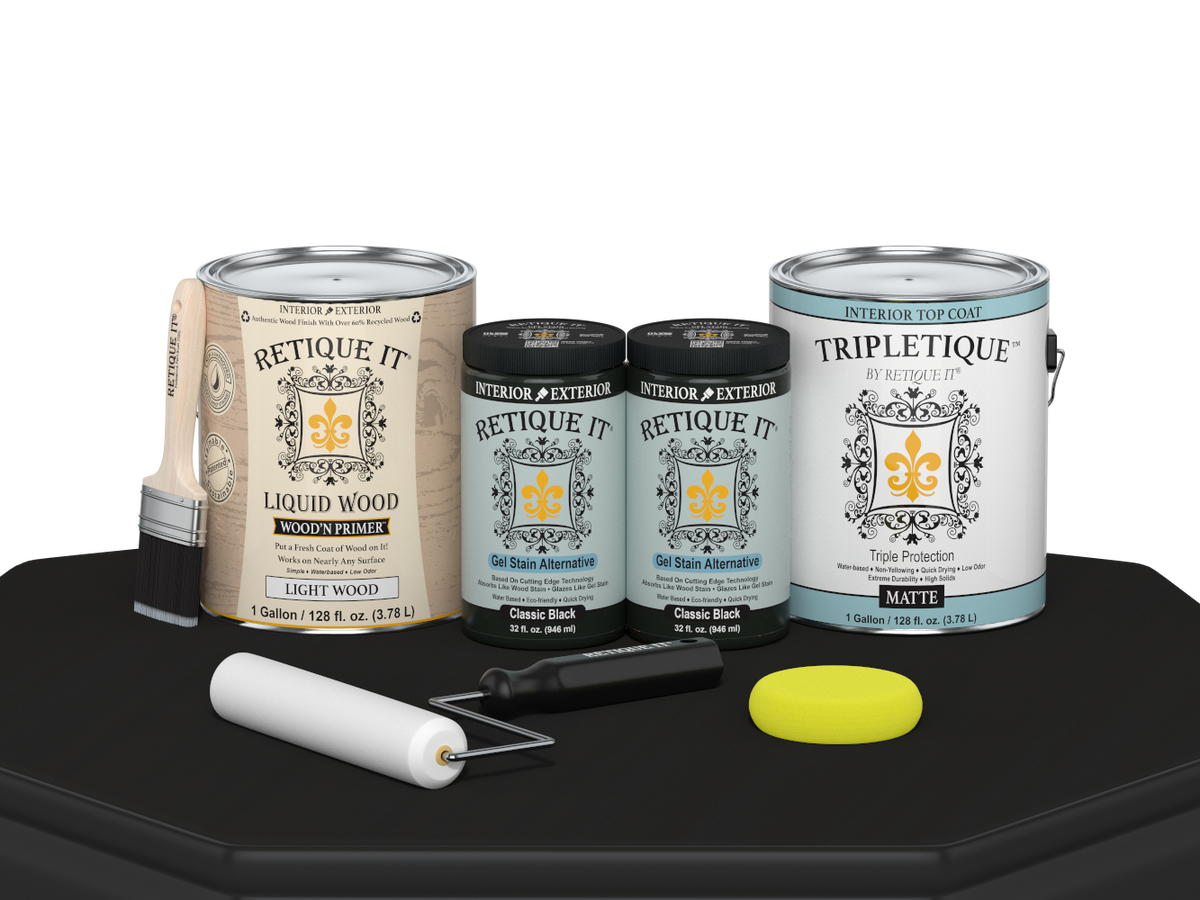 Retique It® Multi-purpose Smooth Finish Kit in classic black with four large interior top coat bottles, matte wood finish.