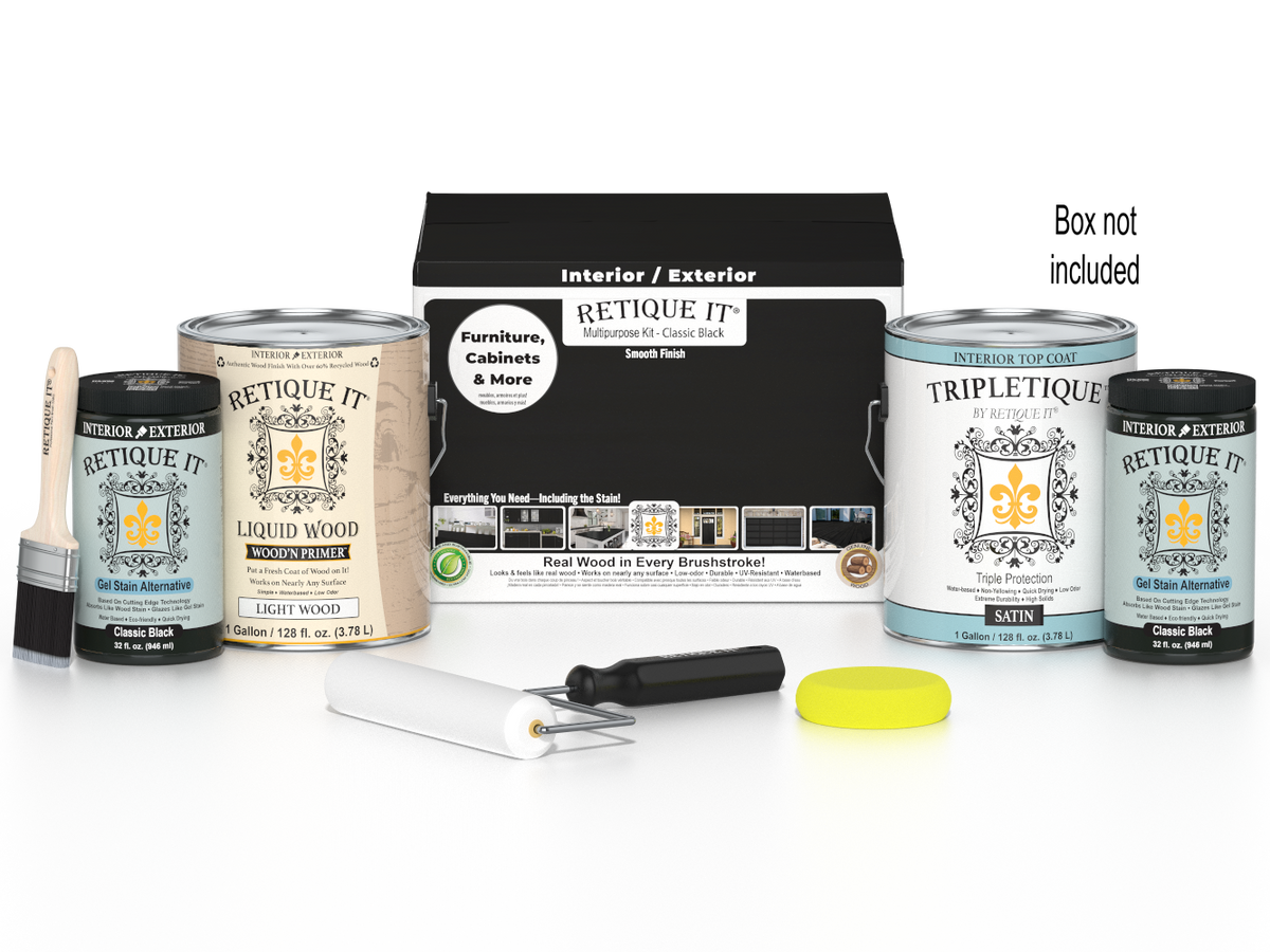 Retique It Multi-purpose Smooth Finish Kit in classic black for interior wood projects, includes four large top coat bottles.