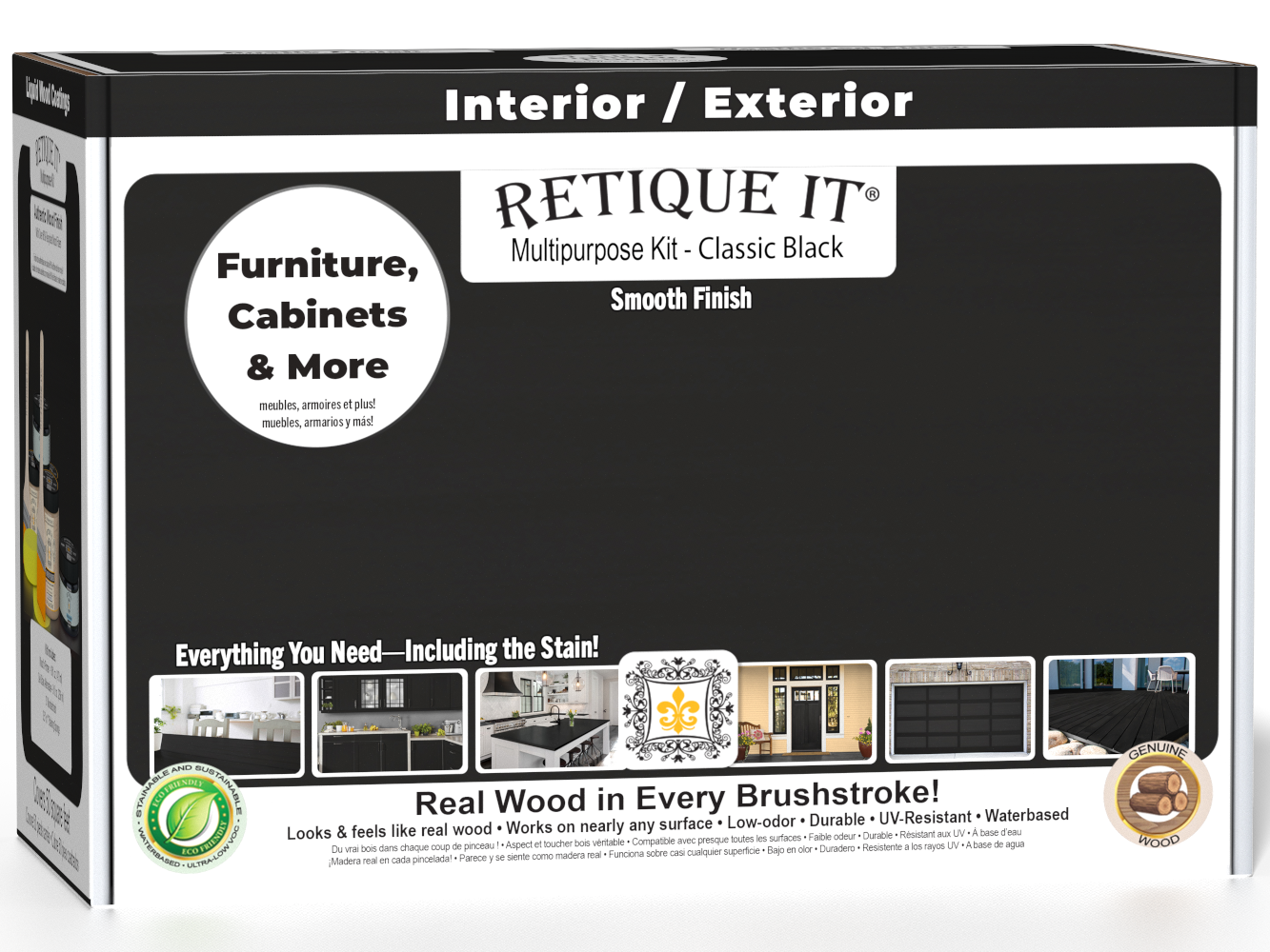 Retique It® Multi-purpose Smooth Finish Kit in classic black for interior wood projects, featuring top coat application.