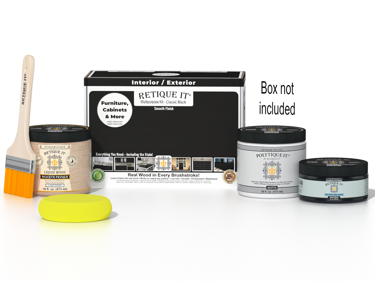 Retique It® Multi-purpose Smooth Finish Kit in classic black for exterior wood, includes top coat and application tools.