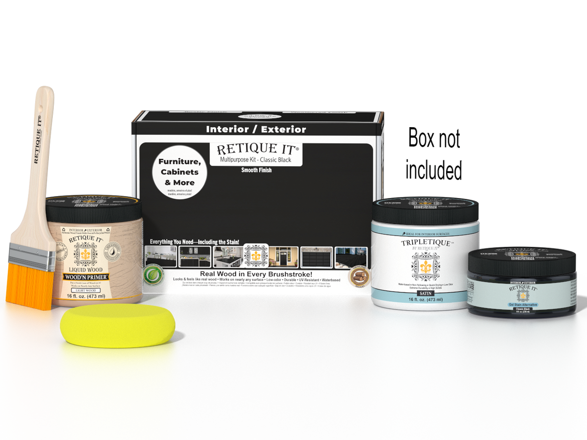 Retique It Multi-purpose Smooth Finish Kit in Classic Black for interior wood projects, includes top coat and application tools.
