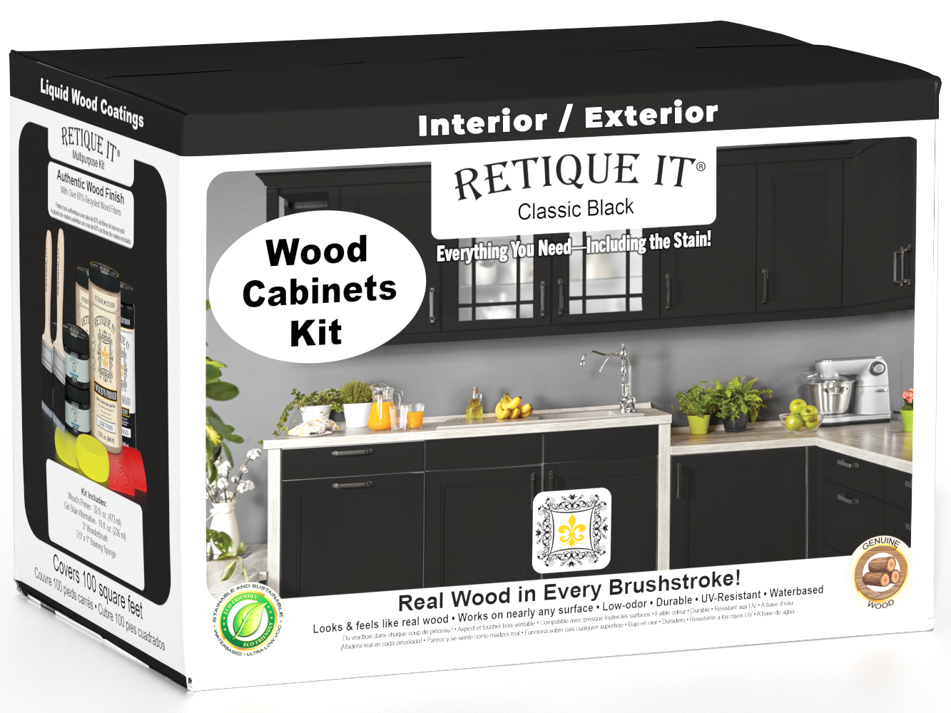 Retique It Wood'n Cabinet Kit with 12 smooth doors in classic black, designed for staining and cabinet renovation.