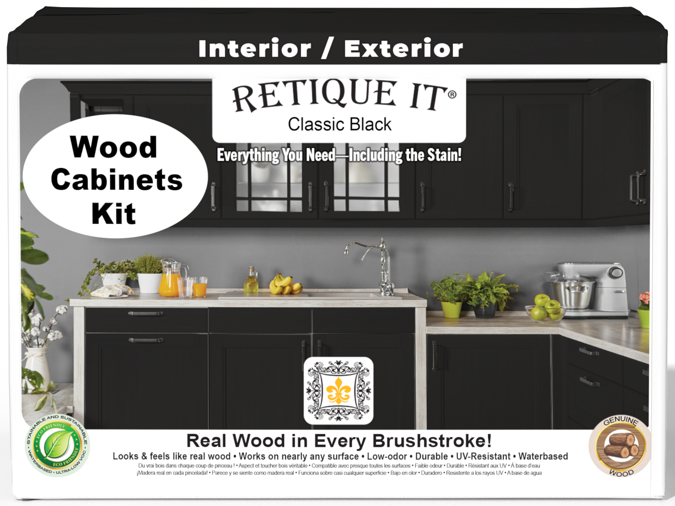 Retique It® Wood'n Cabinet Kit with 24 black, smooth stained cabinet doors, perfect for modern kitchen or bathroom remodels.