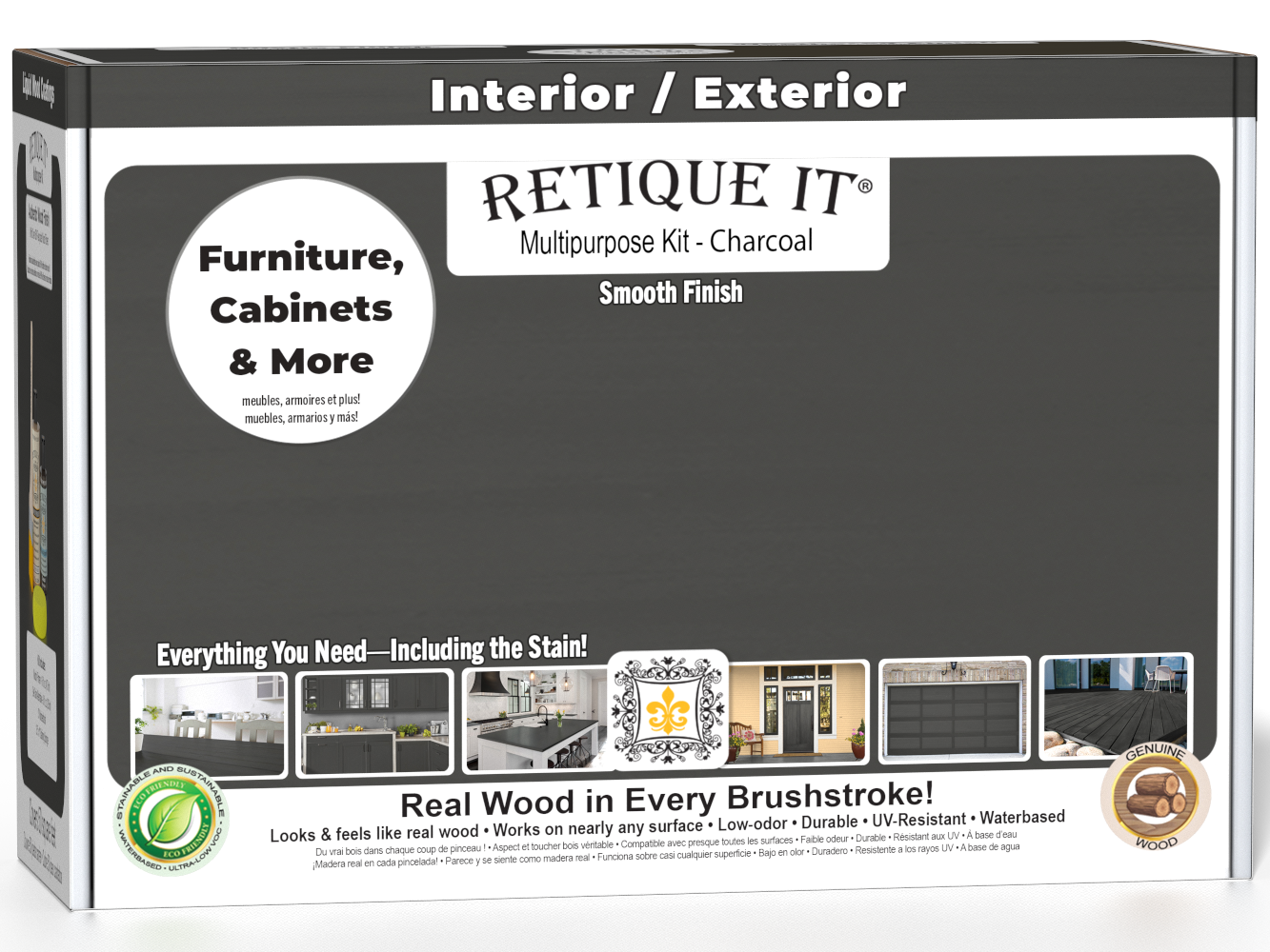 Retique It® Multi-purpose Smooth Finish Kit in Charcoal for exterior wood with matte top coat, includes application tools and packaging