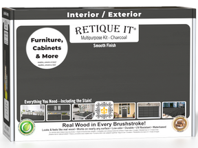 Retique It® Multi-purpose Smooth Finish Kit in Charcoal for exterior wood with matte top coat, includes application tools and packaging