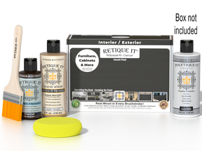Retique It® wood finish kit with charcoal exterior top coat, smooth gloss finish, includes application tools on a box.