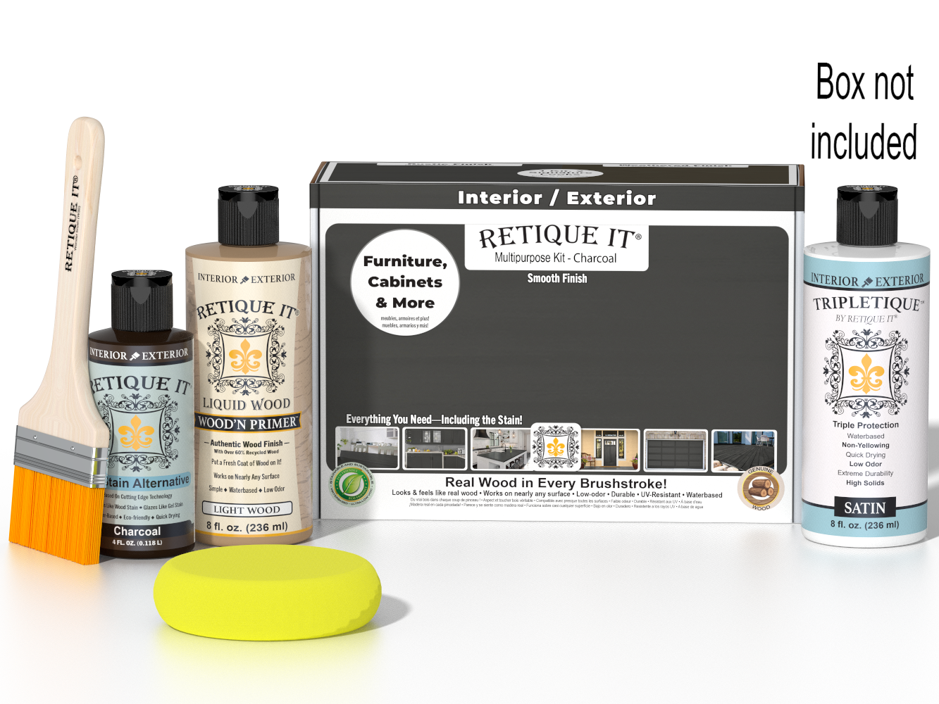 Retique It® Multi-purpose Smooth Finish Kit in charcoal for interior wood projects, includes top coat and application tools.