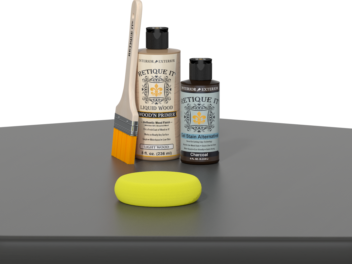 Retique It® Multi-purpose Smooth Finish Kit in Charcoal, with wood sample and application tools for wood finishing.