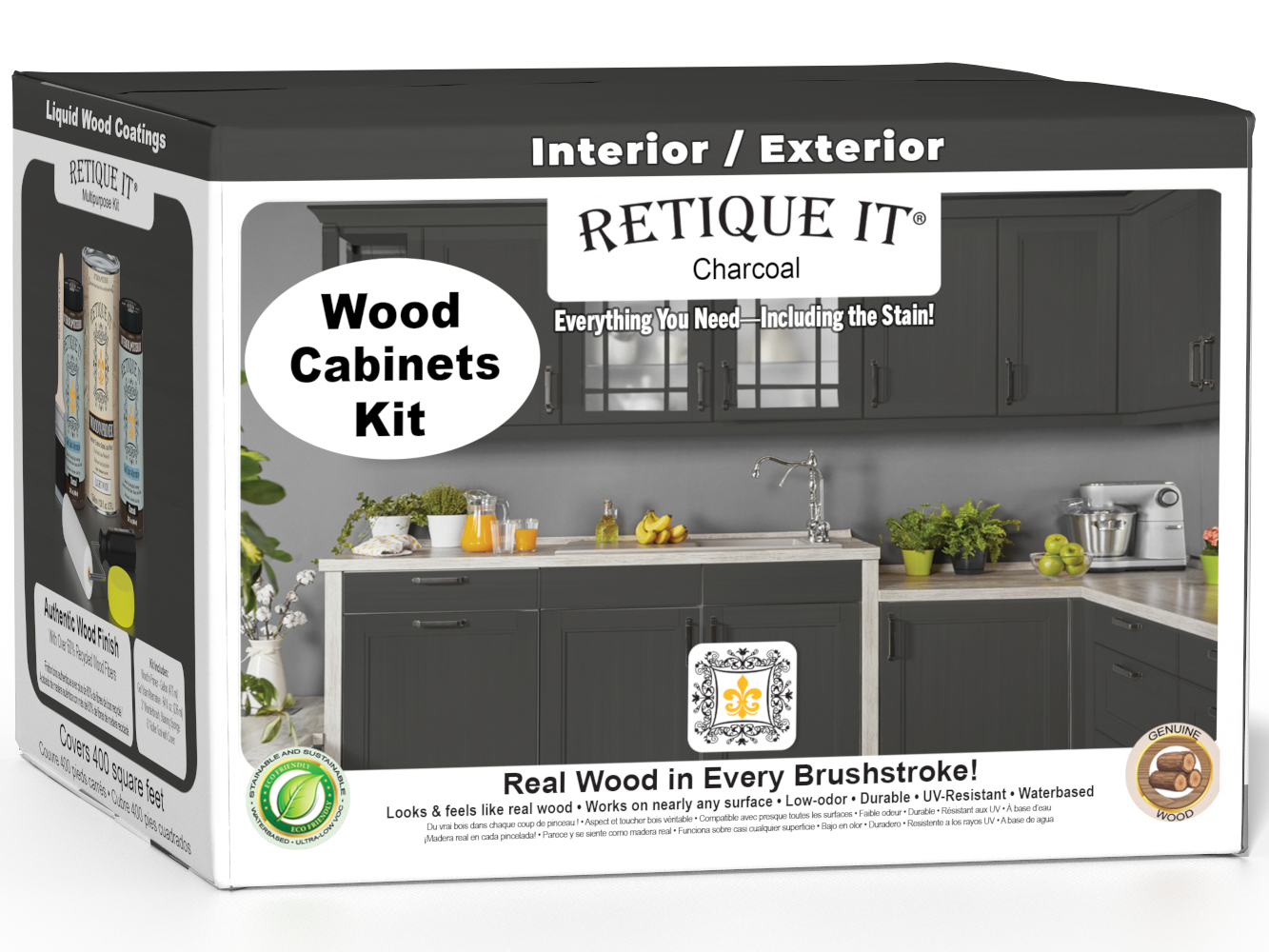 Retique It® Wood'n Cabinet Kit with 48 smooth charcoal stained cabinet doors, suitable for DIY kitchen or bathroom renovation.