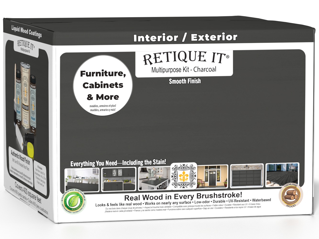 Retique It® Multi-purpose Smooth Finish Kit in charcoal, 4-piece interior top coat wood finishing set with smooth texture.
