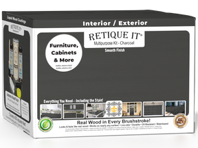 Retique It Multi-purpose Smooth Wood'n Finish Kit in charcoal for exterior wood projects, featuring four large containers and top coat.