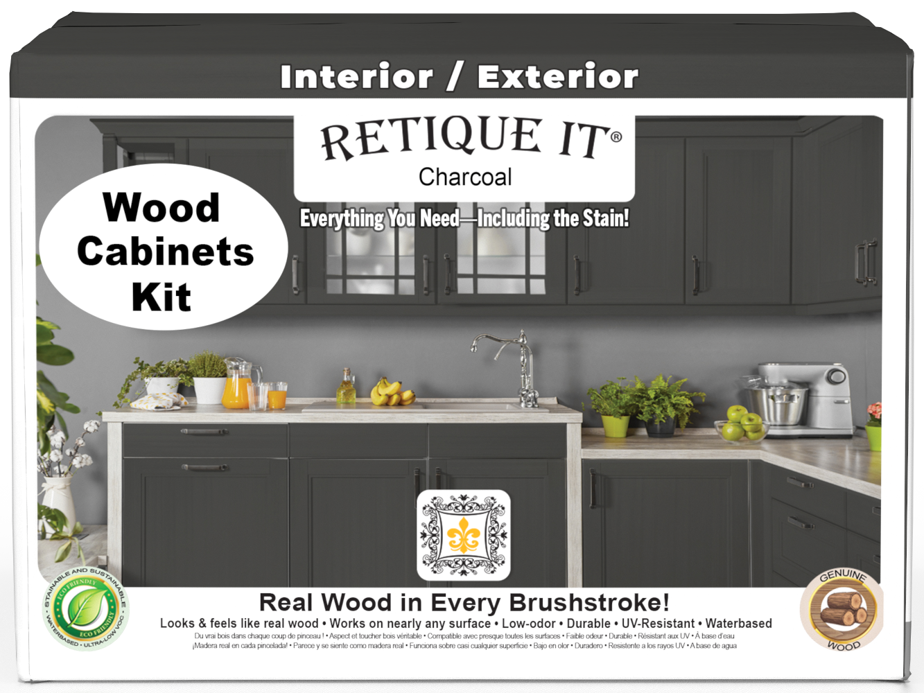 Charcoal Wood'n Cabinet Kit with 48 smooth doors by Retique It®, stain kit for cabinetry renovation, front view of assembled cabinets.