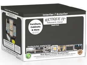 Retique It Wood'n Finish Kit in charcoal with 4 large exterior top coat containers, showcasing smooth wood finish and application tools.