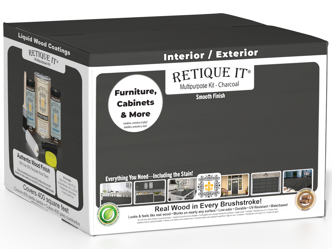 Retique It® Multi-purpose Smooth Finish Kit with four charcoal interior top coat bottles for wood furniture finishing.