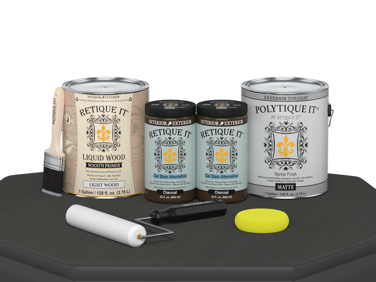 Retique It® Wood'n Finish Kit in Charcoal for exterior wood surfaces, includes four large bottles of smooth top coat.