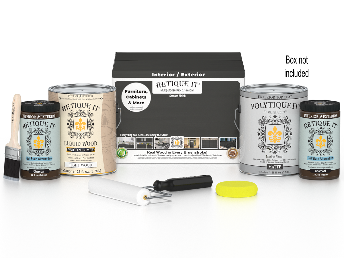 Retique It® Wood'n Finish Kit with four large charcoal exterior top coat bottles and applicator tools for smooth wood finishing.