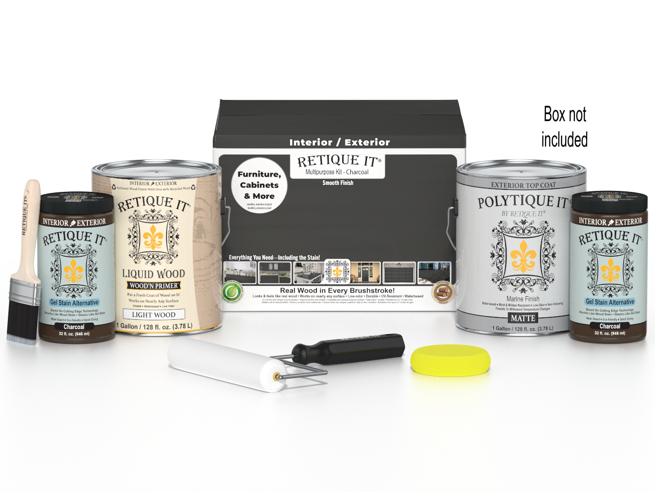 Retique It Wood'n Finish Kit with four large charcoal exterior top coat bottles and applicator tools for smooth wood finishing.