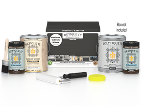 Retique It Wood'n Finish Kit with four large charcoal exterior top coat bottles and applicator tools for smooth wood finishing.