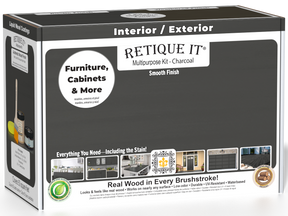 Retique It® Multi-purpose Smooth Finish Kit (Med) in Charcoal for wood finishing, featuring a box with applicators and tools.