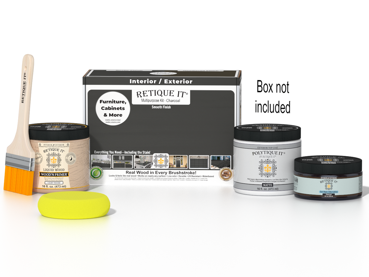 Retique It® Multi-purpose Smooth Finish Kit in charcoal for exterior wood surfaces, includes top coat and application tools.