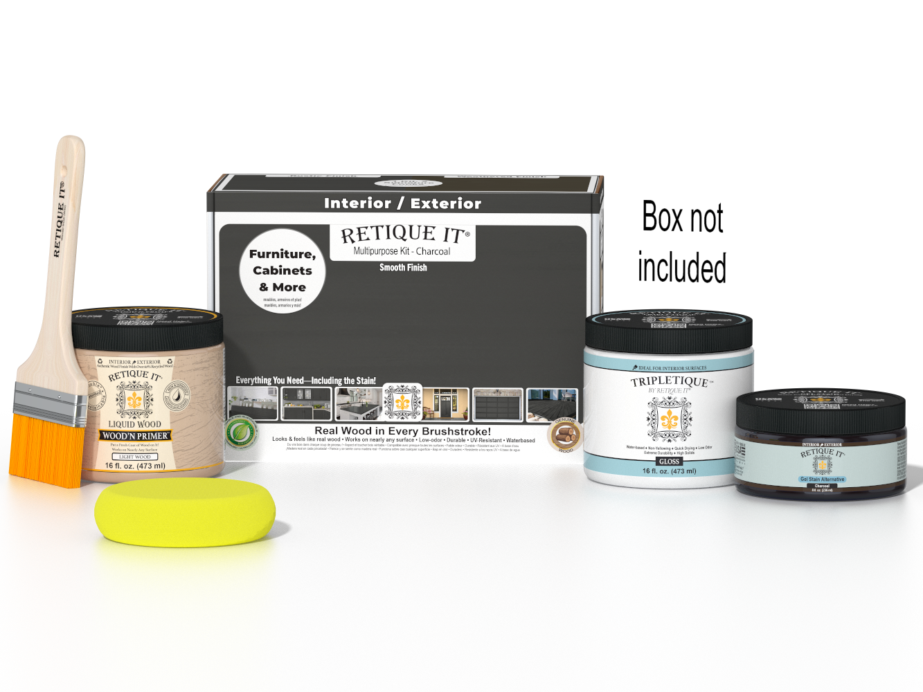 Retique It® Multi-purpose Smooth Finish Kit in charcoal for interior wood projects, includes application tools and finishing materials.