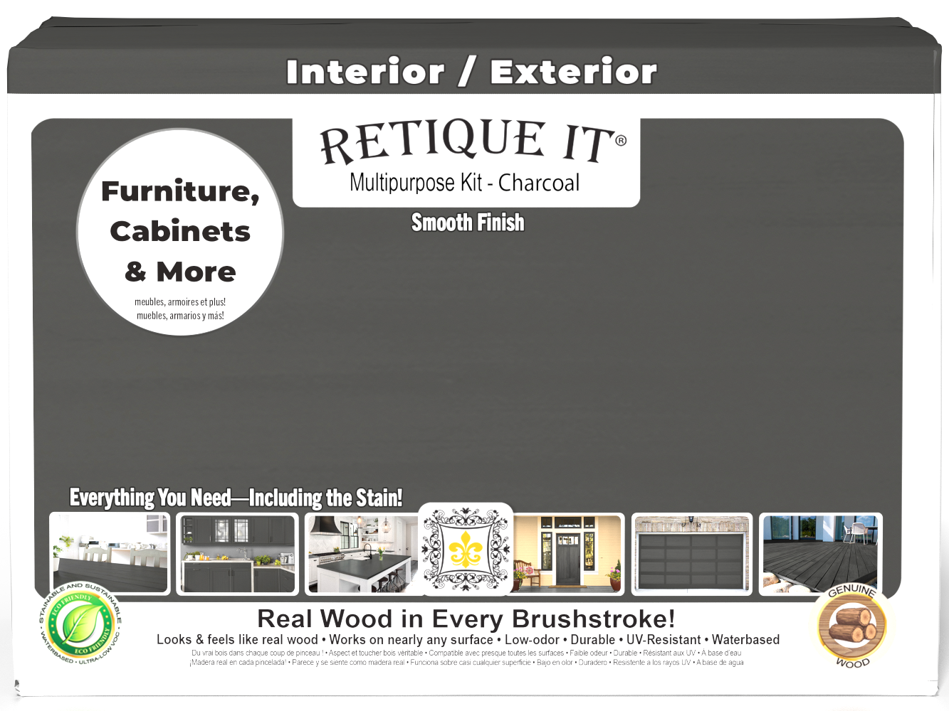 Large Charcoal Wood'n Finish Kit by Retique It® featuring smooth finish tools and products in a sturdy box.