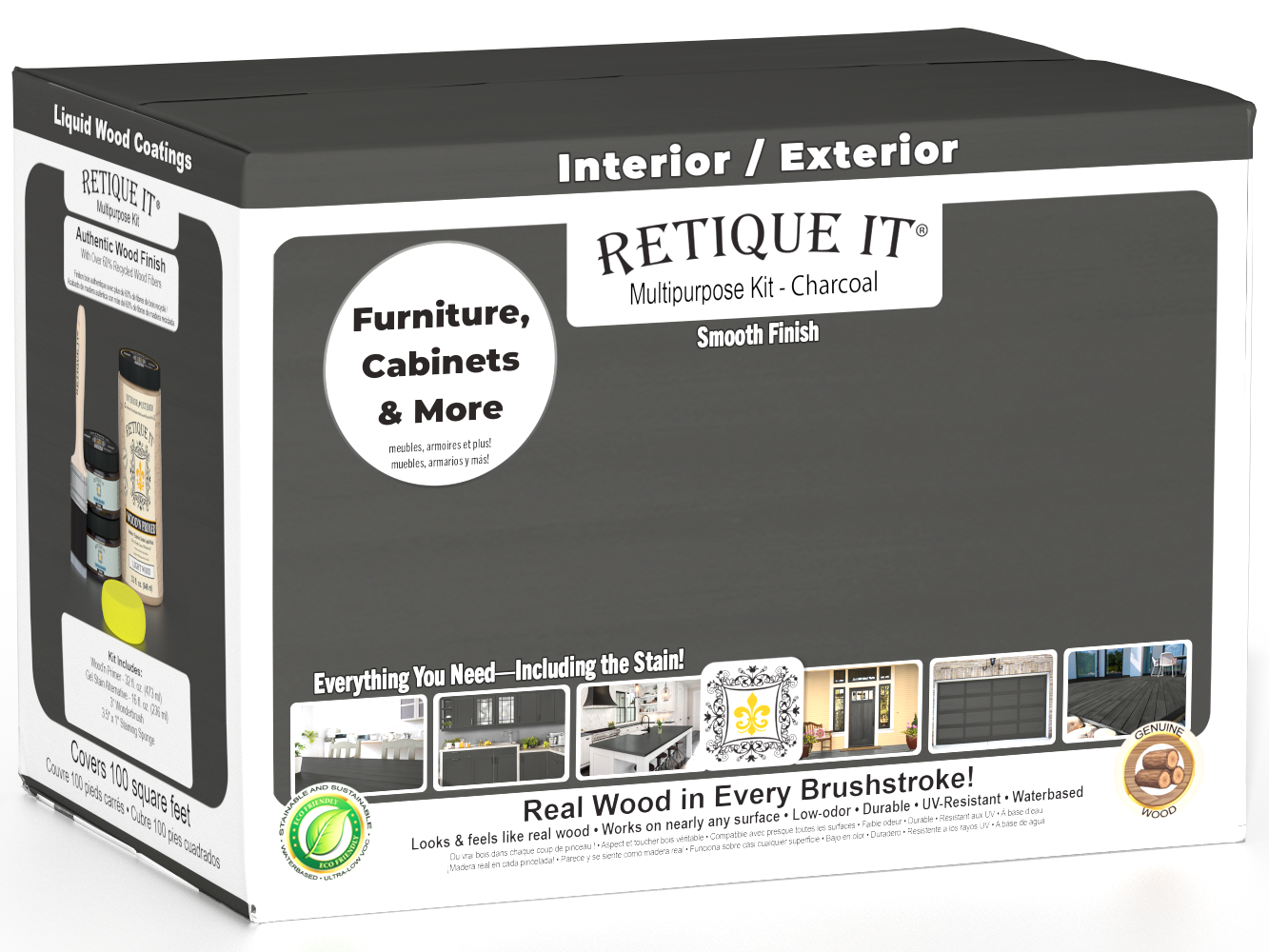 Large Charcoal Multi-purpose Smooth Finish Kit for exterior wood surfaces from Retique It® Wood'n Finish Kits, including top coat components.