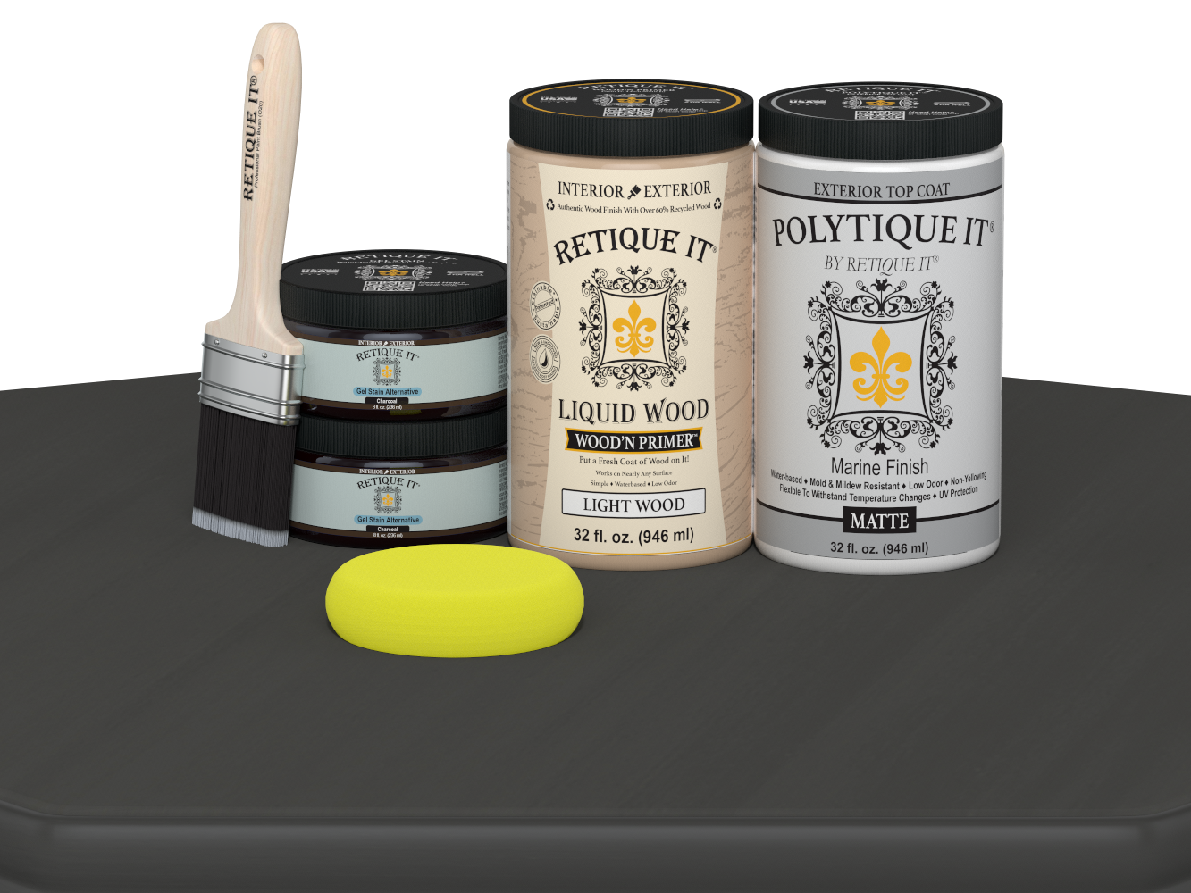 Large charcoal wood finish kit from Retique It® with smooth exterior top coat and matte finish, including brushes and applicators.