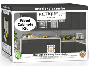 Retique It® Wood'n Cabinet Kit with 24 smooth charcoal stained cabinet doors, designed for easy installation and stylish storage.